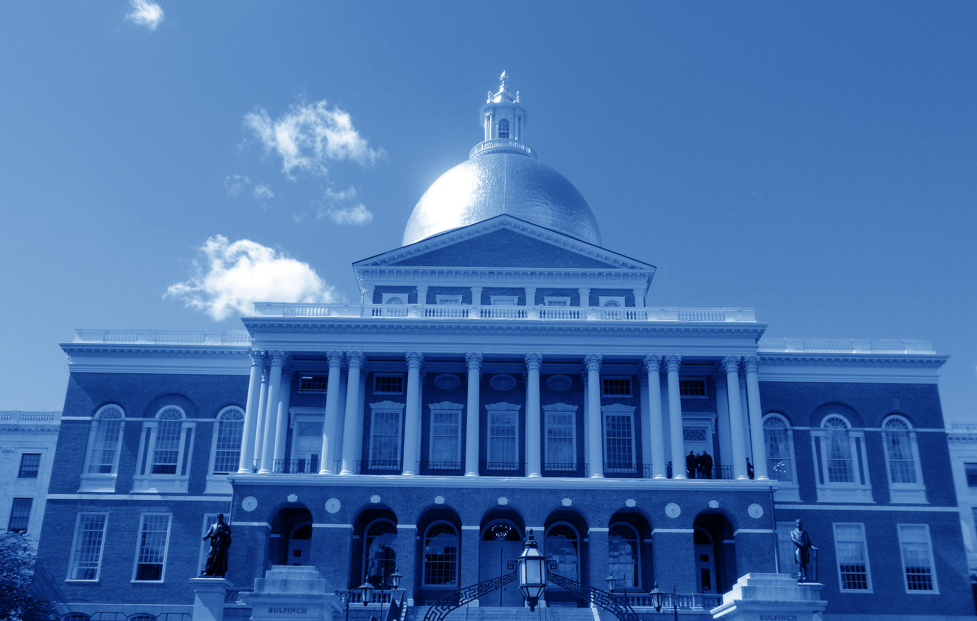 Blue overlay photograph of MA Statehouse