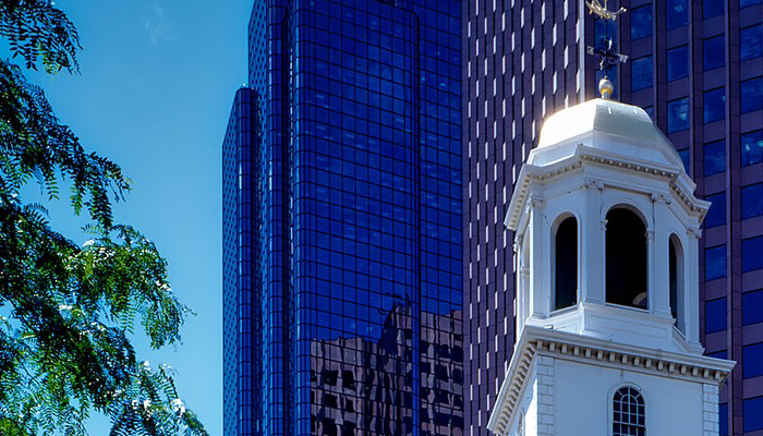 Old State House with Skyscrapers and Tree